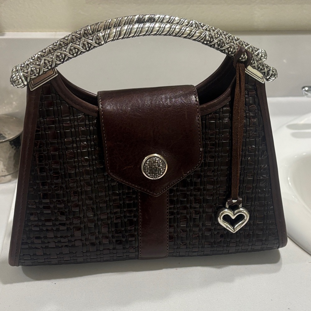 Brighton Dark Brown Woven Shoulder Bag with Silver Handle